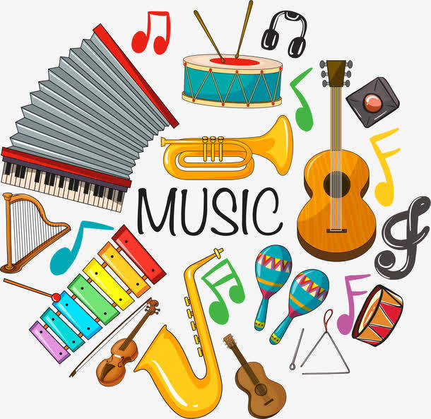 手绘卡通乐器高清素材集锦 吉他与小号的创意世界